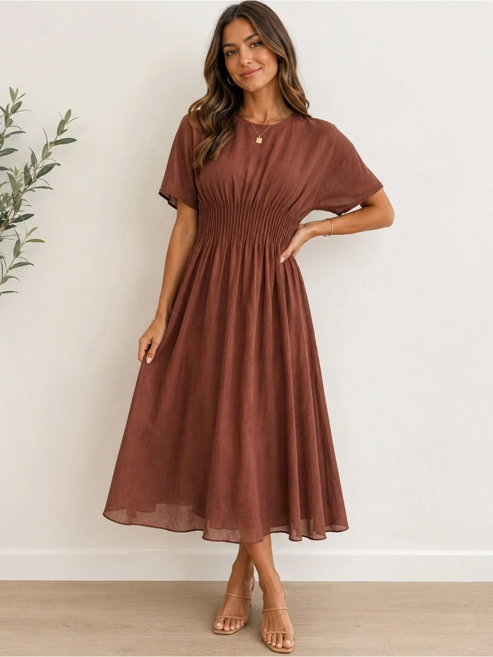 Zara Chestnut Brown Smocked-Waist Midi Dress - Picture 1 of 9
